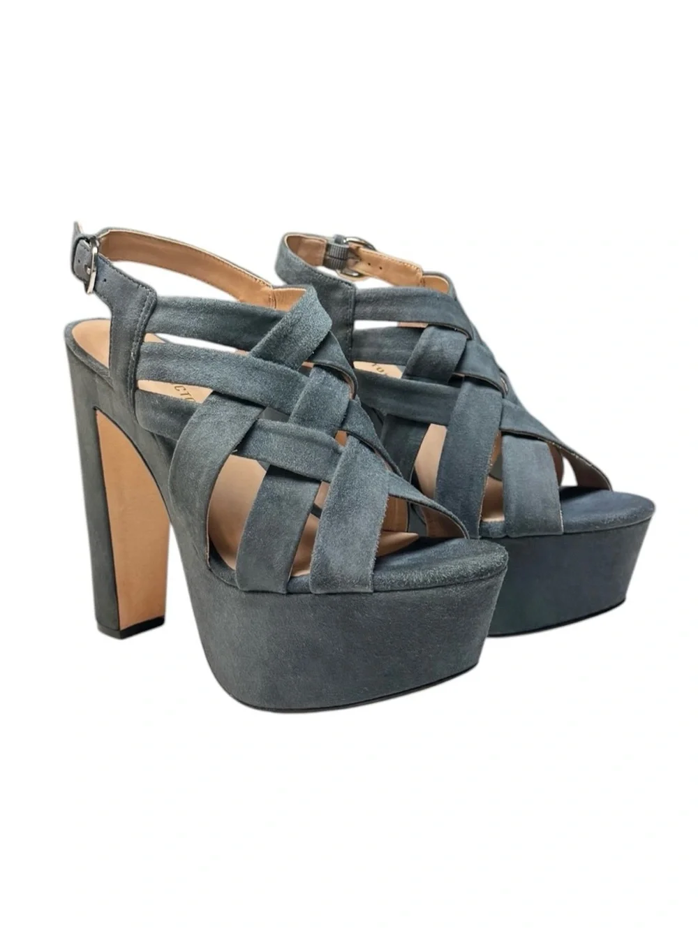 POUR LA VICTOIRE Women's Blue Gray Kid Suede Platform Heels Sandals Size 9.5
